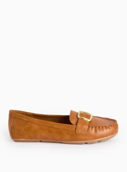 Tan Buckle Faux Leather Driving Loafers 6
