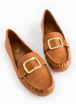 Tan Buckle Faux Leather Driving Loafers 6