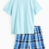 Teal Blue Check Short Sleeve Pyjamas White