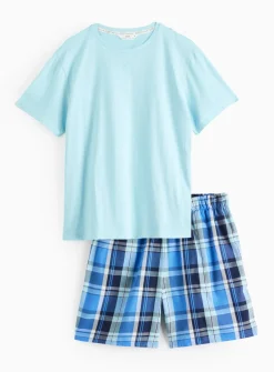 Teal Blue Check Short Sleeve Pyjamas White