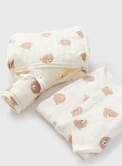 Teddy Bear Print Sleepsuit, Muslin & Bag Gift Set 9-12 months