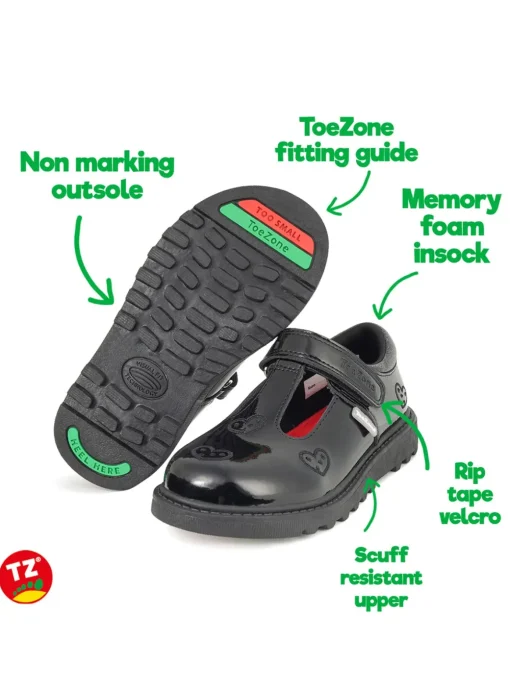 ToeZone Black Patent T Bar Heart Shoes 10 Infant