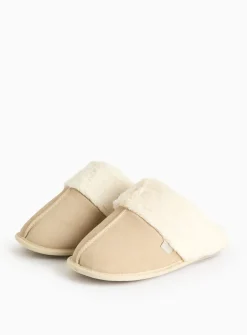 totes® Stone Suede Faux Fur Cuff Mule Slippers L