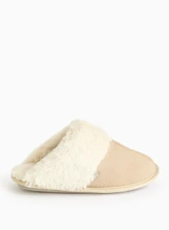 totes® Stone Suede Faux Fur Cuff Mule Slippers L