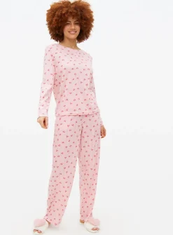 Turbo Pink Strawberry Print Pointelle Long Sleeve Top XXL