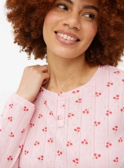 Turbo Pink Strawberry Print Pointelle Long Sleeve Top XXL