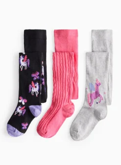 Unicorn Print & Textured Tights 3 Pack 5-6 years