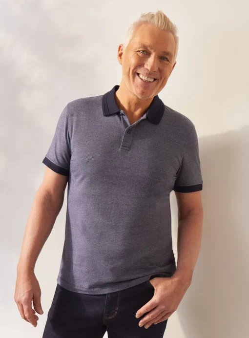 UNION WORKS Navy Jacquard Textured Polo Shirt S