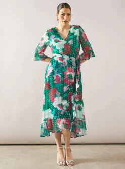 WALLIS Floral Glitter Spot Ruffle Midi Dress 12
