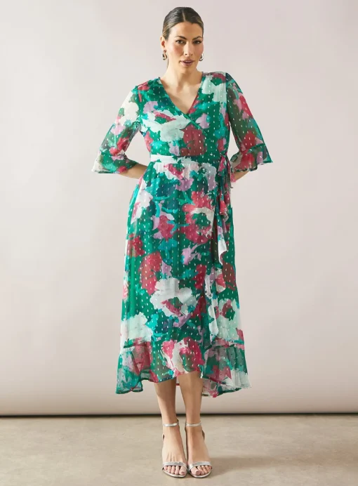 WALLIS Floral Glitter Spot Ruffle Midi Dress 12