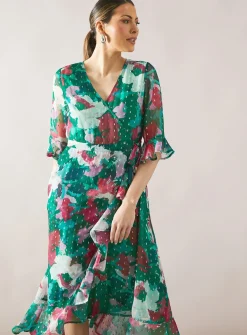 WALLIS Floral Glitter Spot Ruffle Midi Dress 12