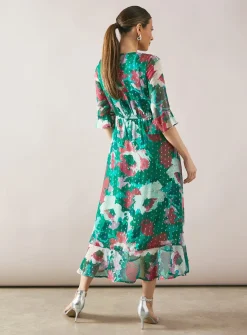 WALLIS Floral Glitter Spot Ruffle Midi Dress 12