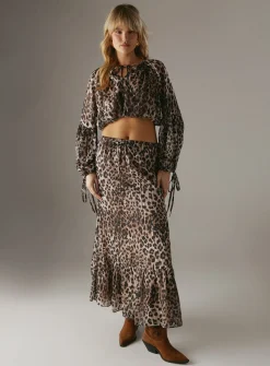 WAREHOUSE Animal Shadow Stripe Drawstring Waist Tier Maxi Skirt 10