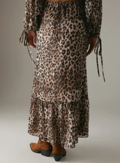 WAREHOUSE Animal Shadow Stripe Drawstring Waist Tier Maxi Skirt 10