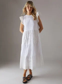 WAREHOUSE Broderie Mix Tiered Midi Dress 10