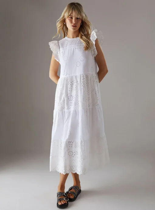 WAREHOUSE Broderie Mix Tiered Midi Dress 10