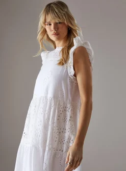 WAREHOUSE Broderie Mix Tiered Midi Dress 10