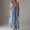 WAREHOUSE Check Halter Open Back Puff Ball Midi Sundress 16