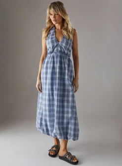 WAREHOUSE Check Halter Open Back Puff Ball Midi Sundress 16