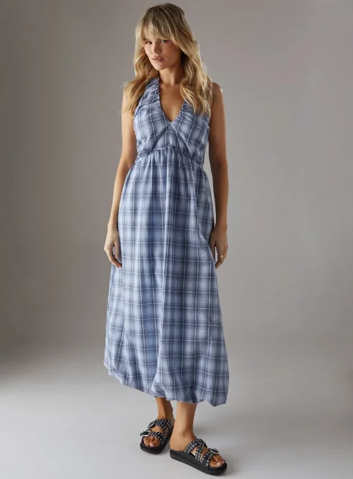 WAREHOUSE Check Halter Open Back Puff Ball Midi Sundress 16