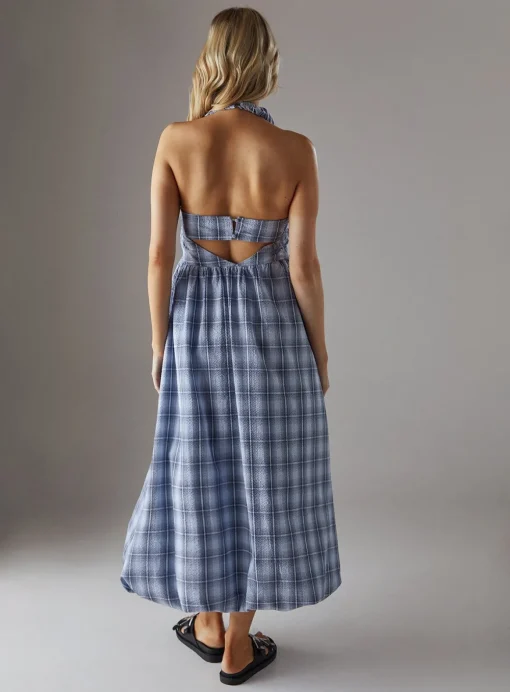 WAREHOUSE Check Halter Open Back Puff Ball Midi Sundress 16
