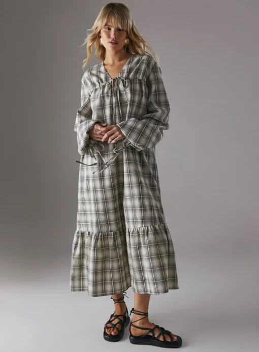 WAREHOUSE Gathered Channel Detail Check Midi Smock Dress 6