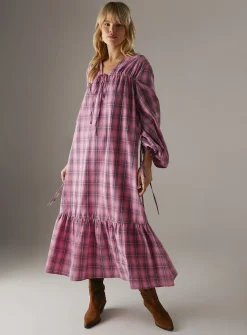 WAREHOUSE Gathered Channel Detail Check Midi Smock Dress 8