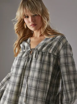 WAREHOUSE Gathered Channel Detail Check Midi Smock Dress 6
