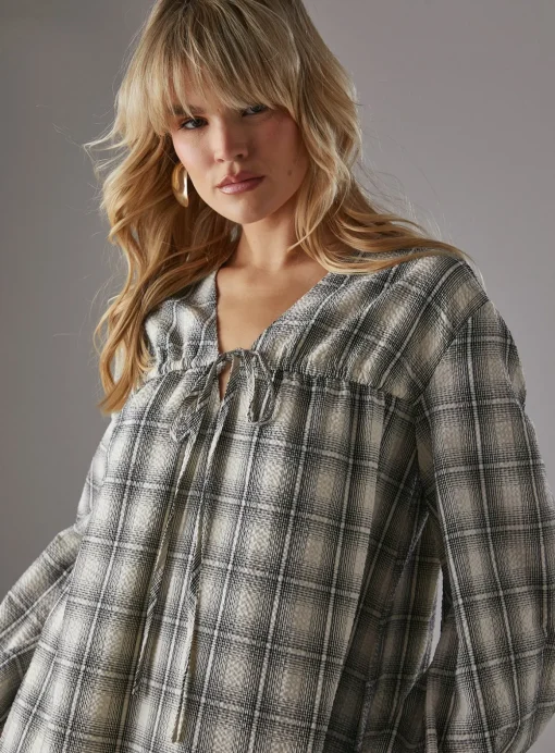 WAREHOUSE Gathered Channel Detail Check Midi Smock Dress 6