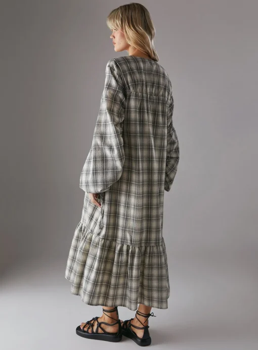 WAREHOUSE Gathered Channel Detail Check Midi Smock Dress 6