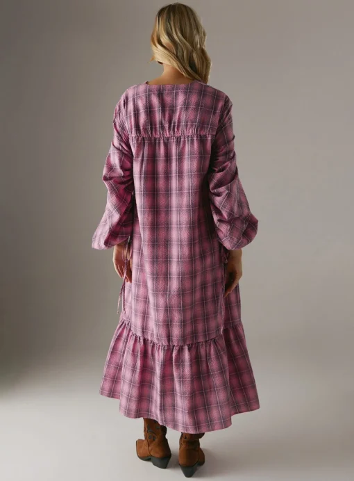 WAREHOUSE Gathered Channel Detail Check Midi Smock Dress 8