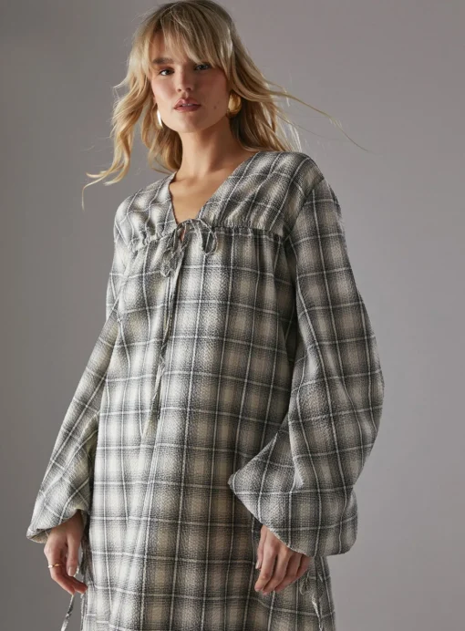 WAREHOUSE Gathered Channel Detail Check Midi Smock Dress 6