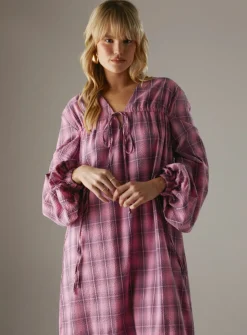 WAREHOUSE Gathered Channel Detail Check Midi Smock Dress 8
