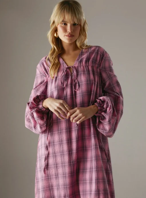 WAREHOUSE Gathered Channel Detail Check Midi Smock Dress 8