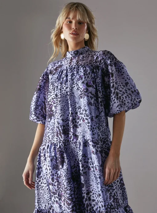 WAREHOUSE Organza High Neck Tier Midi Smock Dress 8