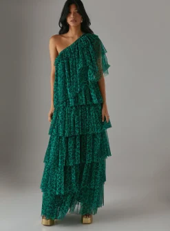 WAREHOUSE Tulle Asymmetric Tier One Shoulder Midi Dress 14