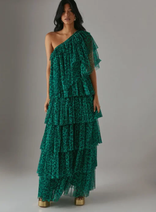 WAREHOUSE Tulle Asymmetric Tier One Shoulder Midi Dress 14