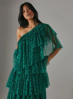 WAREHOUSE Tulle Asymmetric Tier One Shoulder Midi Dress 14
