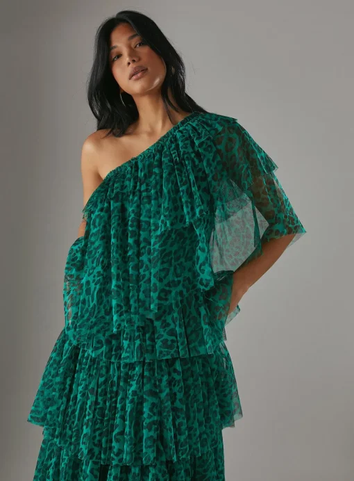 WAREHOUSE Tulle Asymmetric Tier One Shoulder Midi Dress 14
