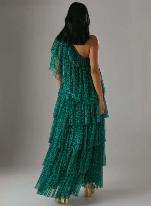 WAREHOUSE Tulle Asymmetric Tier One Shoulder Midi Dress 14