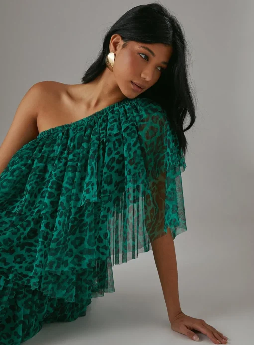 WAREHOUSE Tulle Asymmetric Tier One Shoulder Midi Dress 14