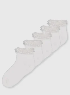 White Broderie Trim Socks 5 Pack 3-5.5