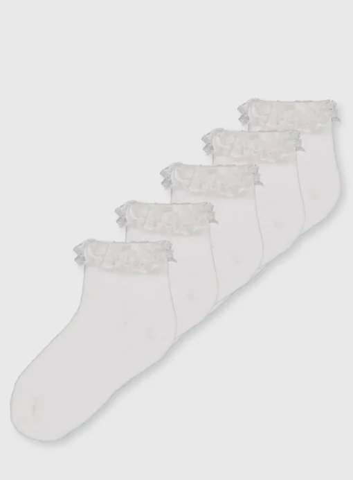 White Broderie Trim Socks 5 Pack 3-5.5