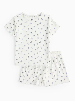 White Floral Print Rib Short Sleeve Pyjamas 7-8 years