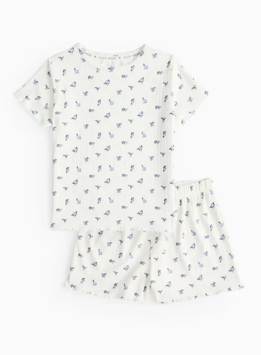White Floral Print Rib Short Sleeve Pyjamas 7-8 years