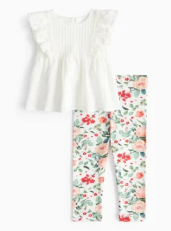 White Frill Top & Floral Printed Leggings Set 18-24 months