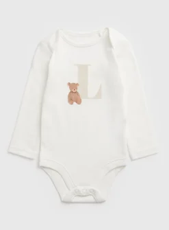White Teddy Bear L Initial Bodysuit Newborn