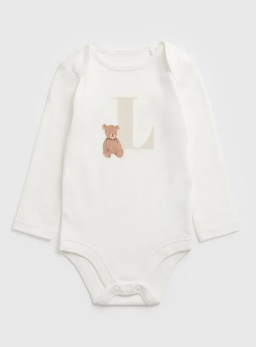 White Teddy Bear L Initial Bodysuit Newborn