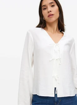 White Tie Front V-Neck Blouse 10