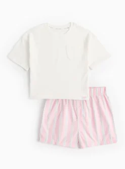 White T-Shirt & Stripe Shorts Pyjama Set 8-9 years
